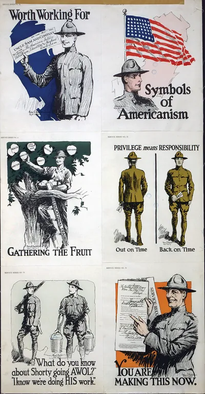 Six Service Series posters: Worth Working For, Symbols of Americanism