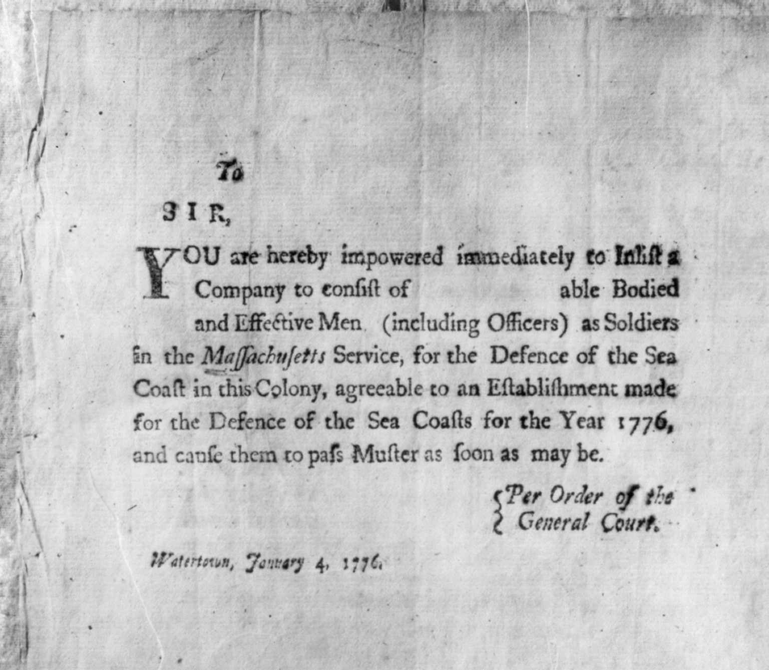Broadside of Revolutionary War period: [Enlistment authoriz. Watertown, Mass.] — historic print