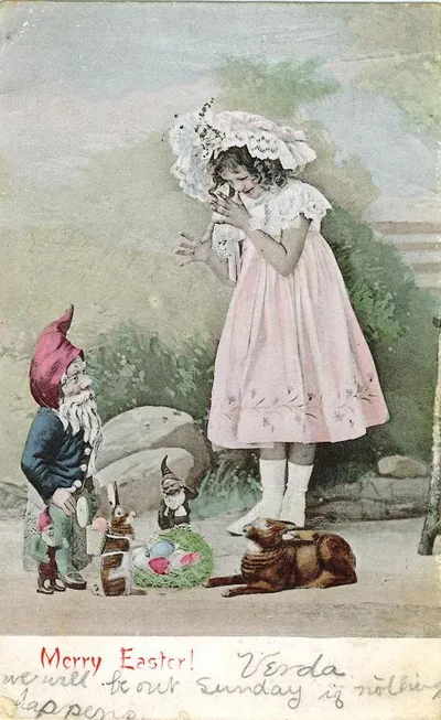Merry Easter postcard with girl, gnome and rabbits