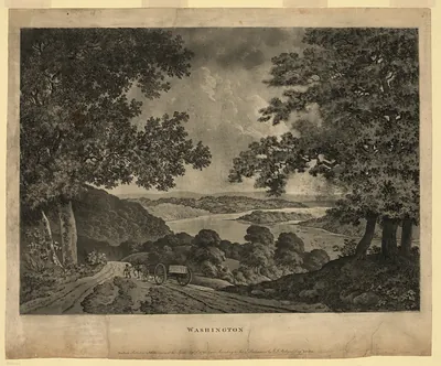 Washington: engraved landscape with trees, cart and river valley