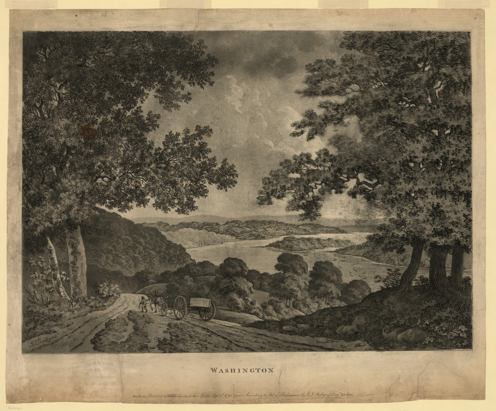 Washington: engraved landscape with trees, cart and river valley — historic image