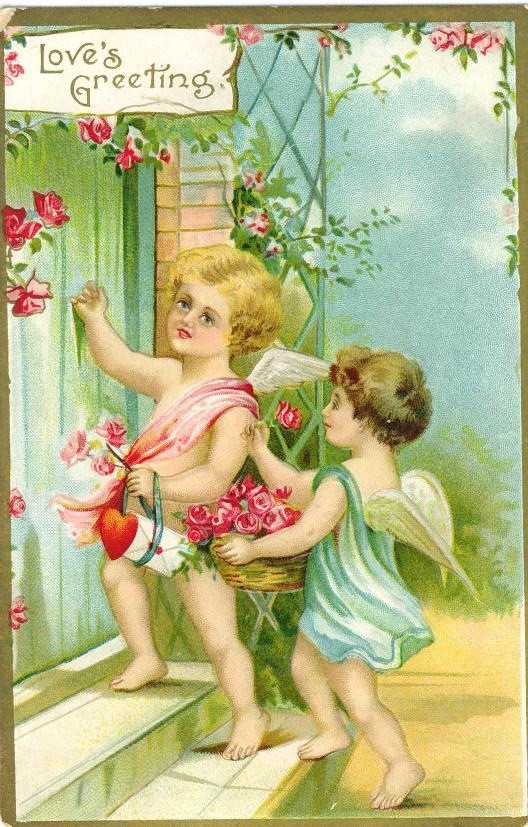 Love's Greeting: Valentine card with two cupids and roses — historic image