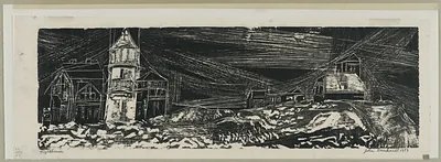 Black and white print of a lighthouse with buildings and stormy sky