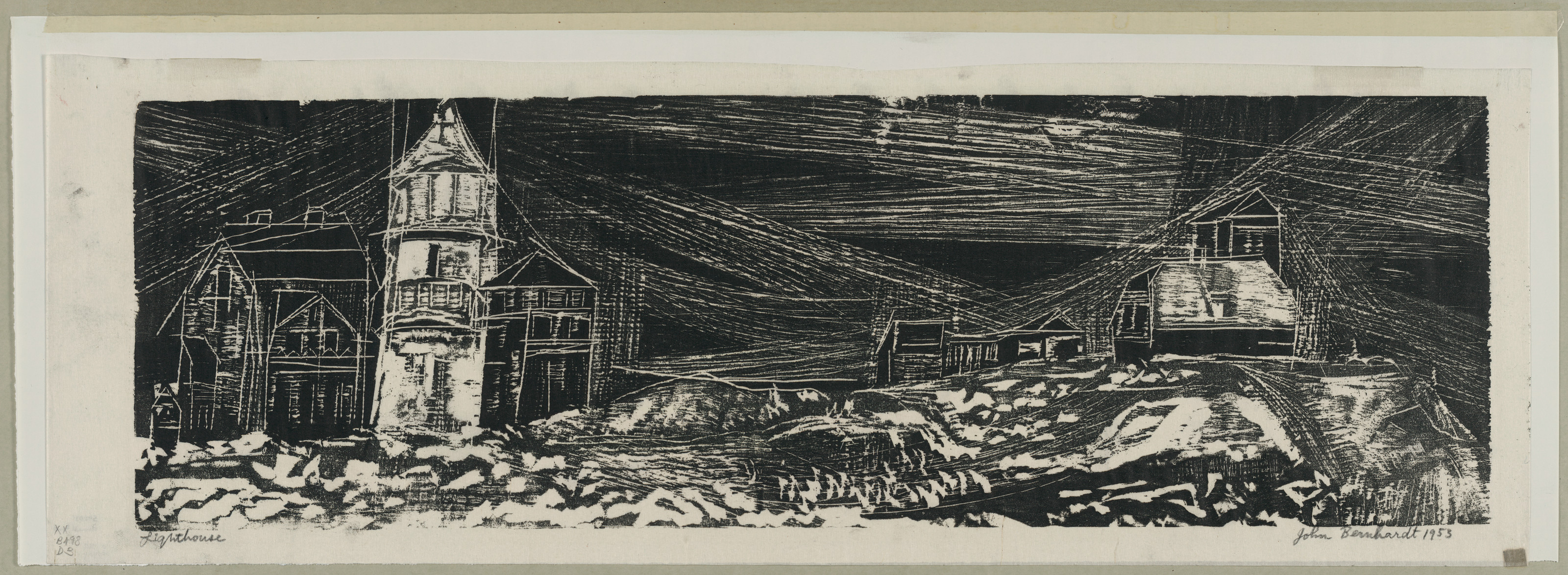 Black and white print of a lighthouse with buildings and stormy sky — historic print