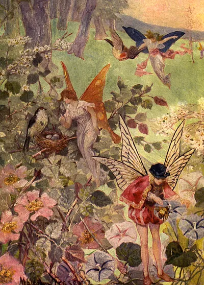 Fairies among birds, a nest and flowers in a garden
