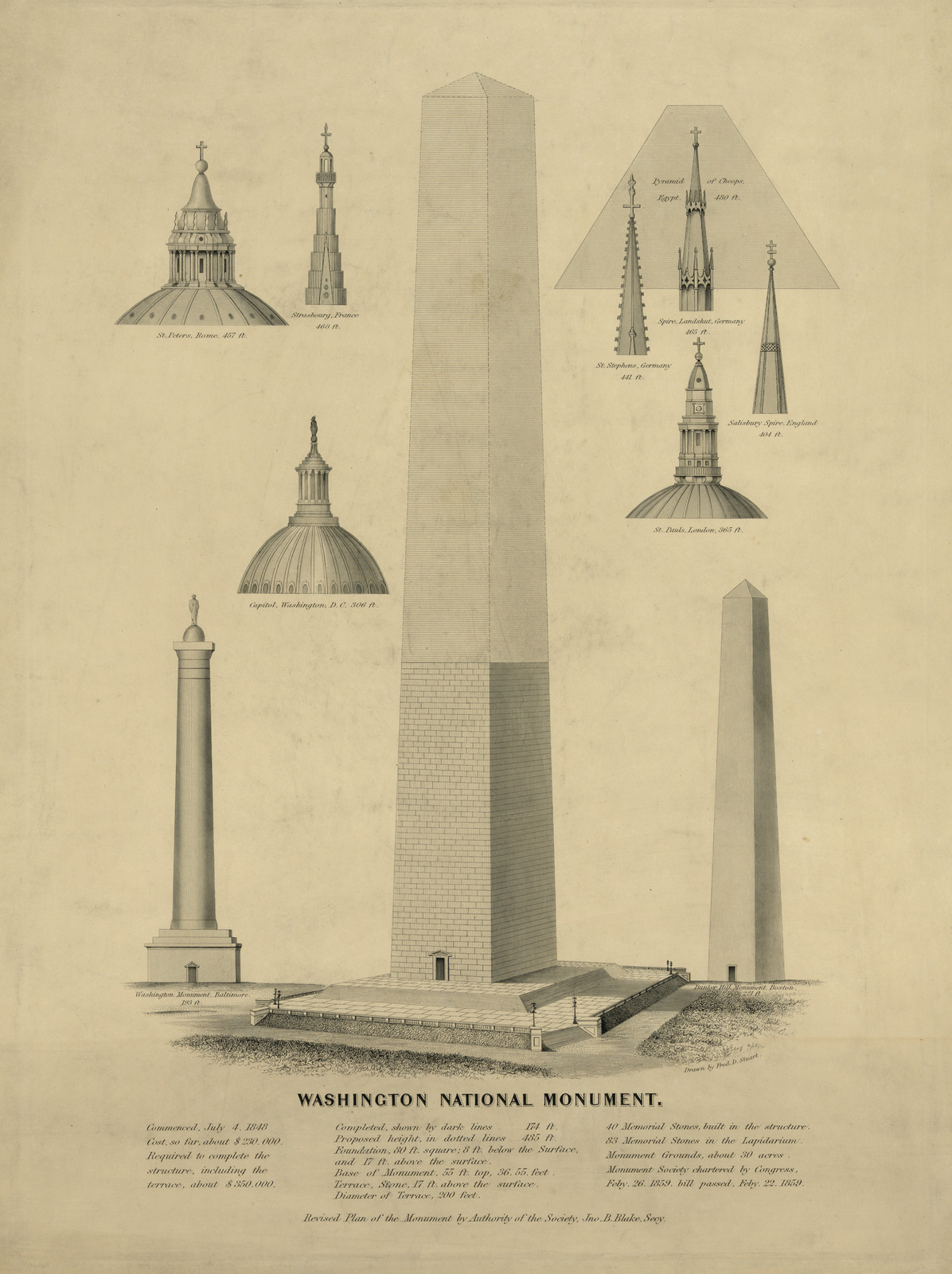 Washington National Monument, c. 1859 — antique engraving
