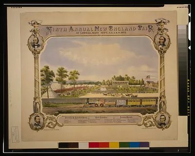 Ninth annual New England Fair, at Lowell, Mass., Sept. 3, 4, 5 & 6 1872 / D. Drummond ; Chas. H. Crosby & Co. lith., Boston.