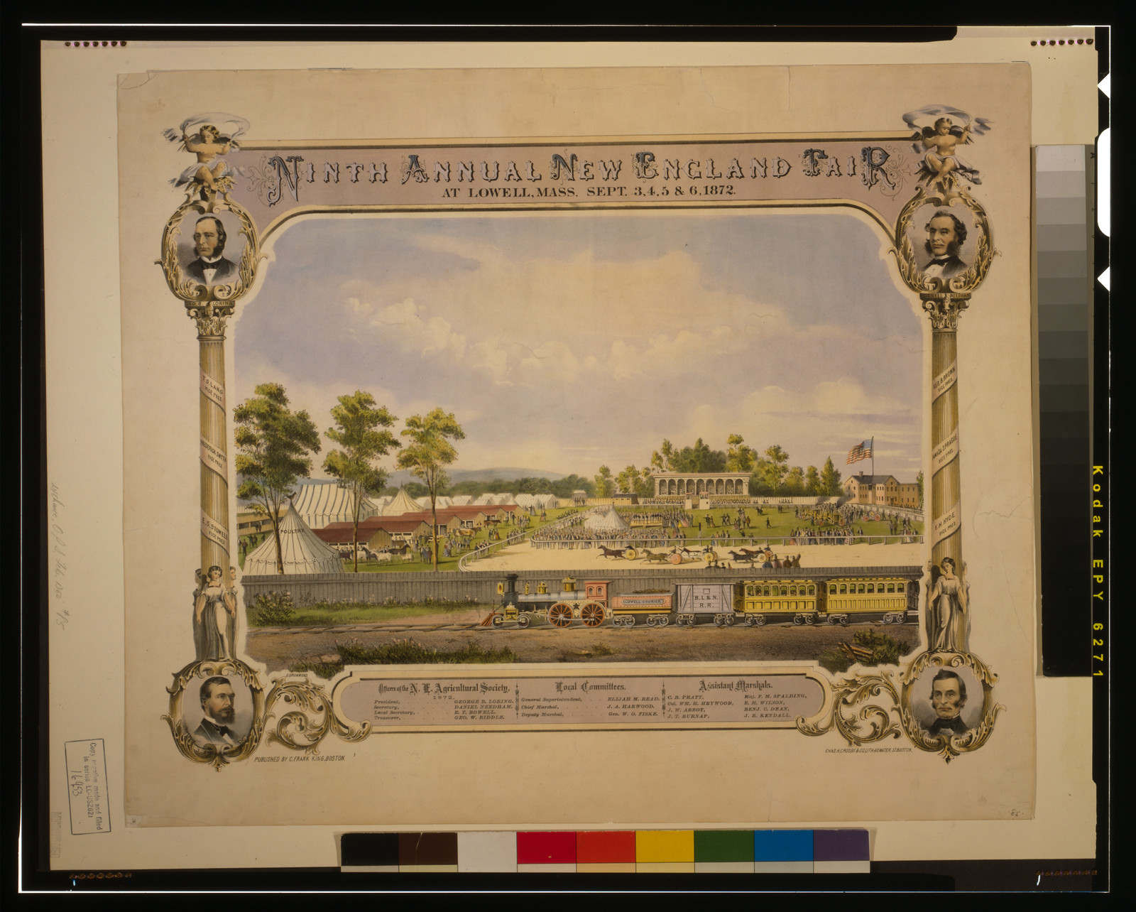 Ninth annual New England Fair, at Lowell, Mass., Sept. 3, 4, 5 & 6 1872 / D. Drummond ; Chas. H. Crosby & Co. lith., Boston., Boston : C. Frank King, 1872. — antique lithograph