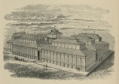 Bird's-eye engraving of a large covered market hall