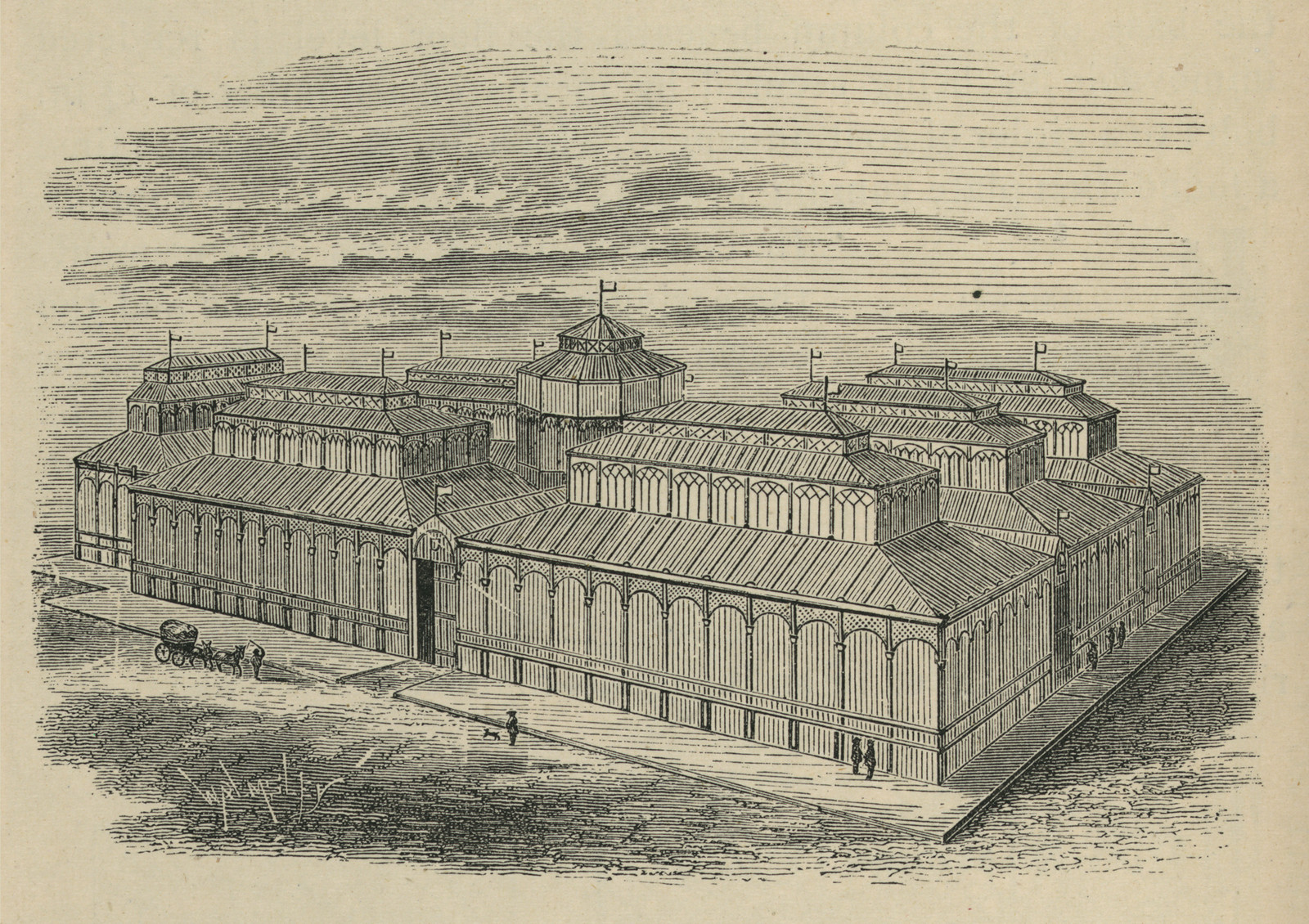 Bird's-eye engraving of a large covered market hall — antique engraving