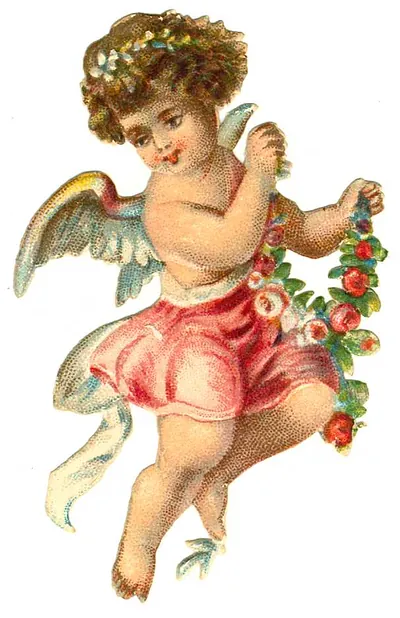 Winged cherub holding a garland of roses
