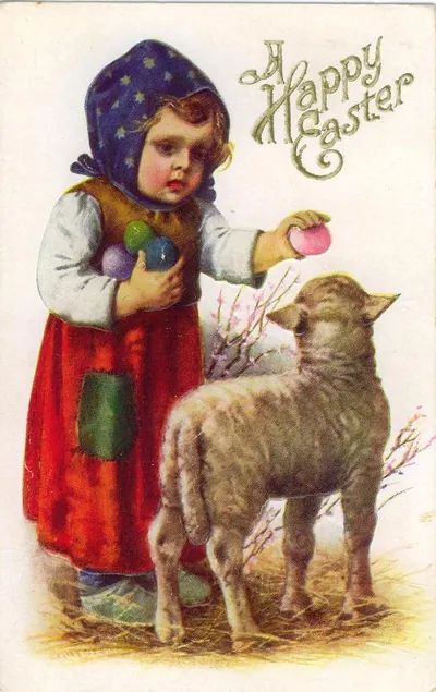 A Happy Easter postcard: child with eggs and lamb