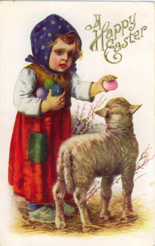 A Happy Easter postcard: child with eggs and lamb — vintage postcard