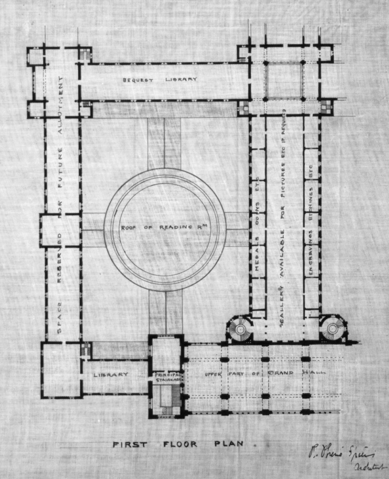 [Library of Congress (New Congress Library") D.C. First floor plan]", and Engineering (ADE) Drawings" (http://www.loc.gov/rr/print/res/103_ade.html)." — historic drawing