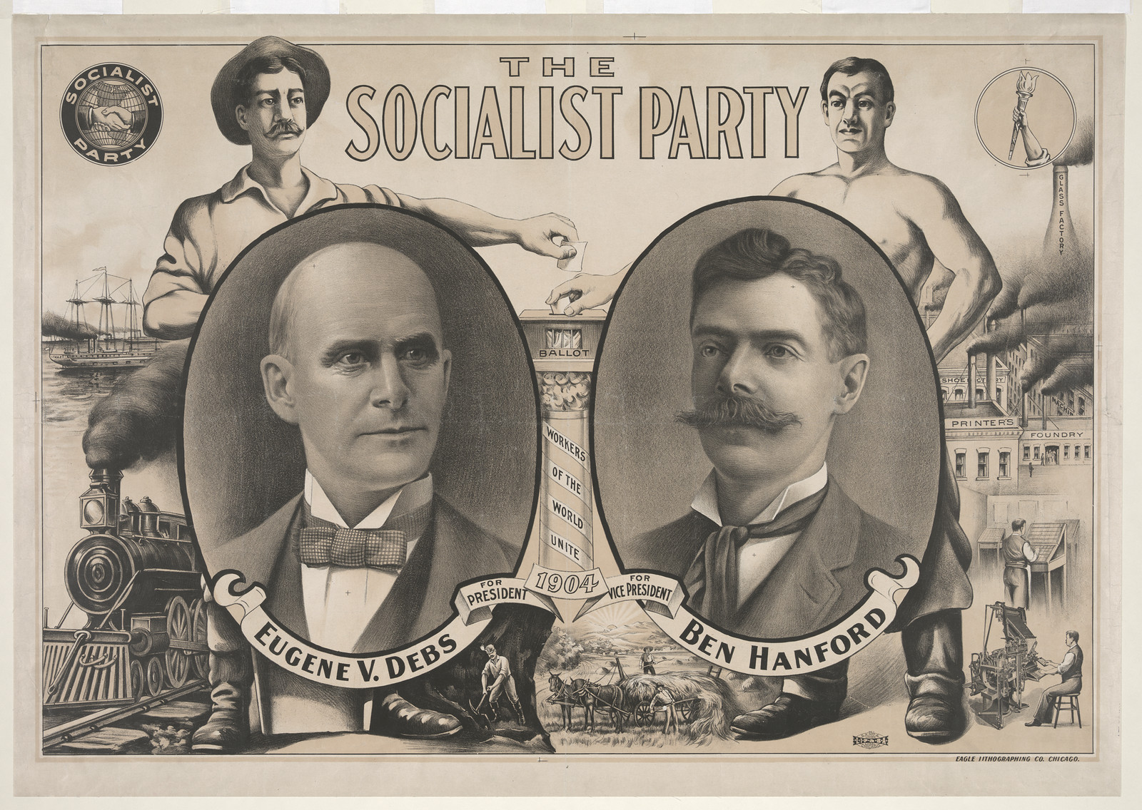 The Socialist Party campaign poster, 1904, Debs and Hanford — vintage poster