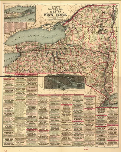 State Tunisons railroad, distance, and township map of New York from latest surveys, New York, 1898