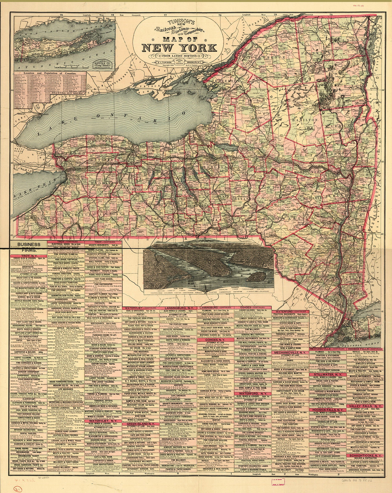 State Tunisons railroad, distance, and township map of New York from latest surveys, New York, 1898, 1898 — antique map