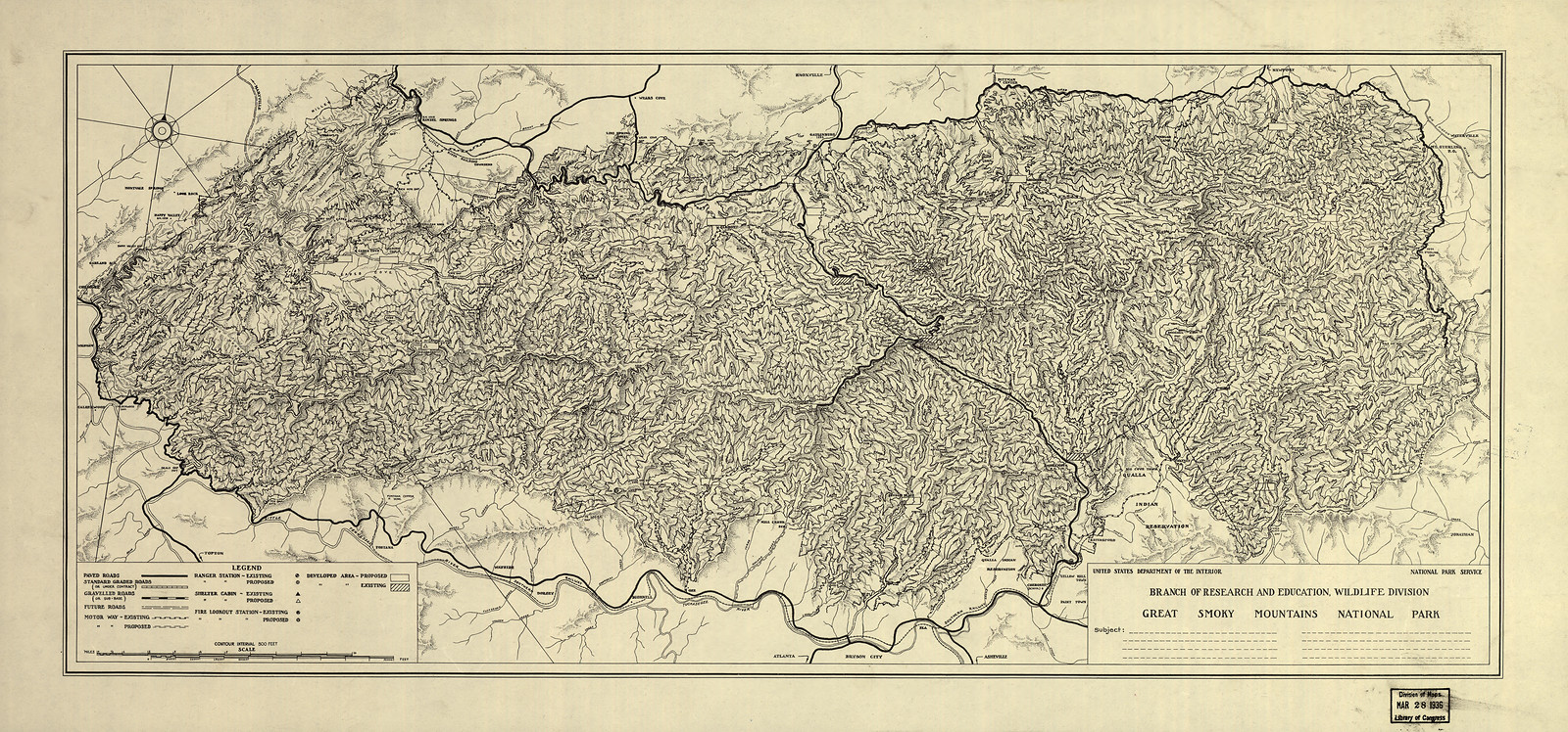 Great Smoky Mountains National Park relief map, 1935 — antique map
