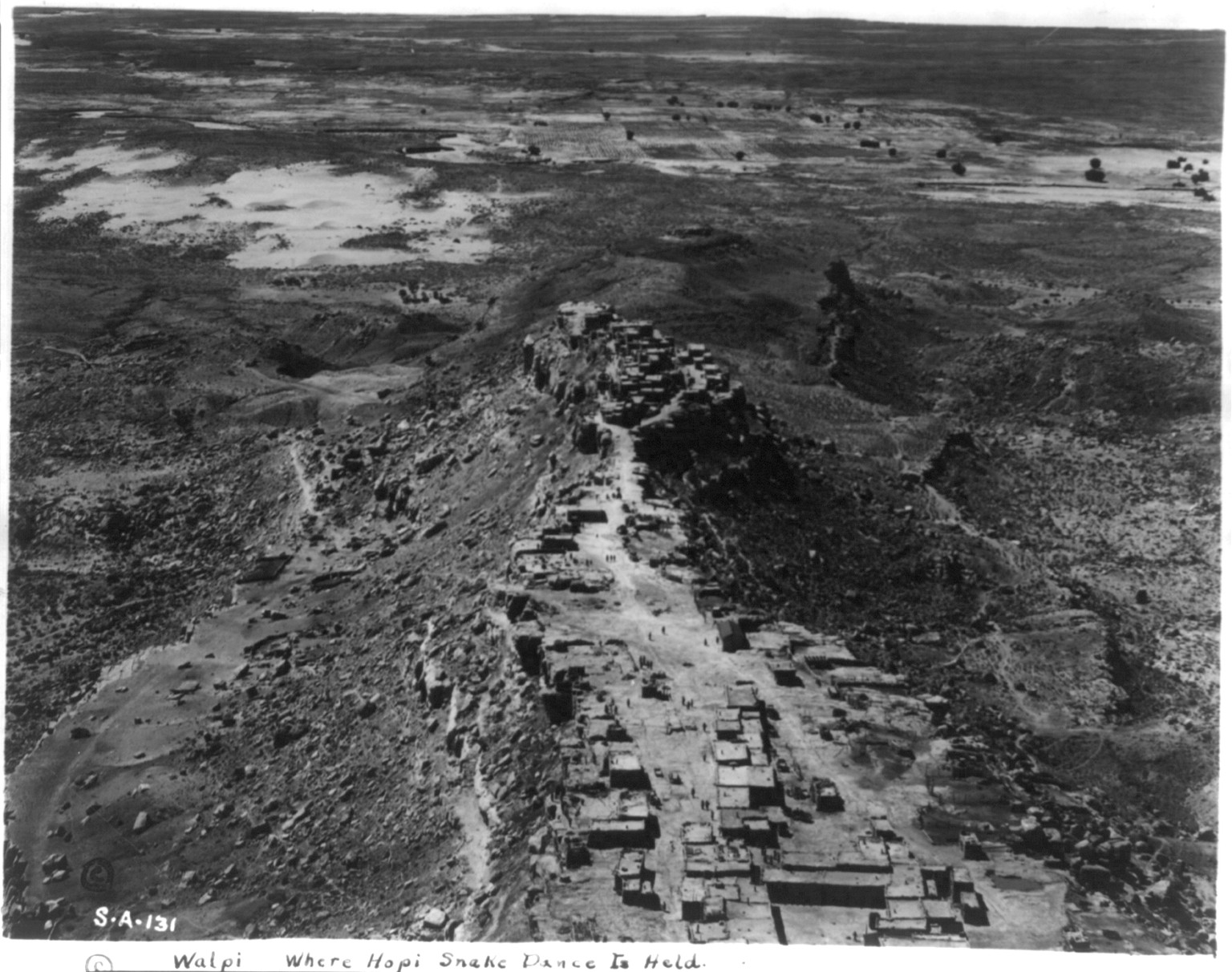 Walpi where Hopi snake dance is held [aerial view, Arizona], c1928. — historic photograph