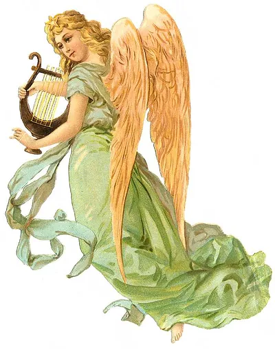 Winged angel in green robe playing a harp