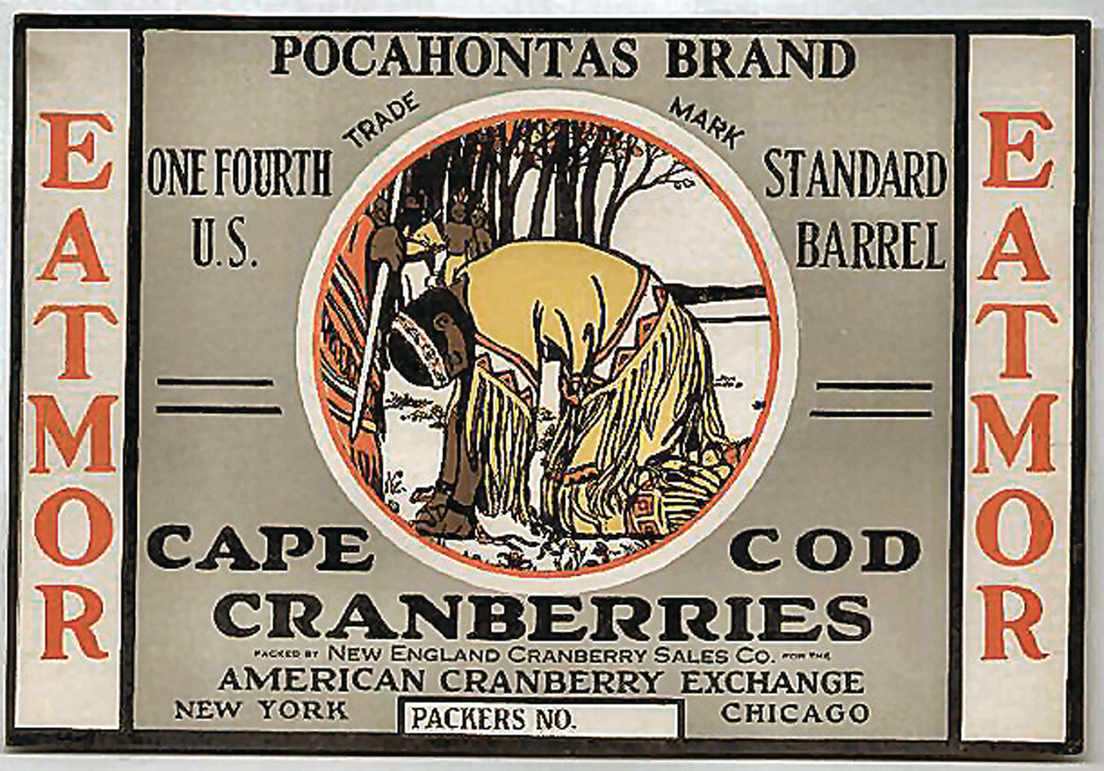 Pocahontas Brand Cape Cod Cranberries crate label — historic image