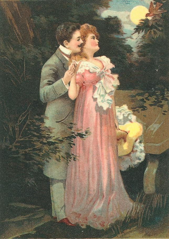 Romantic couple in moonlit garden, Victorian chromolithograph — antique lithograph