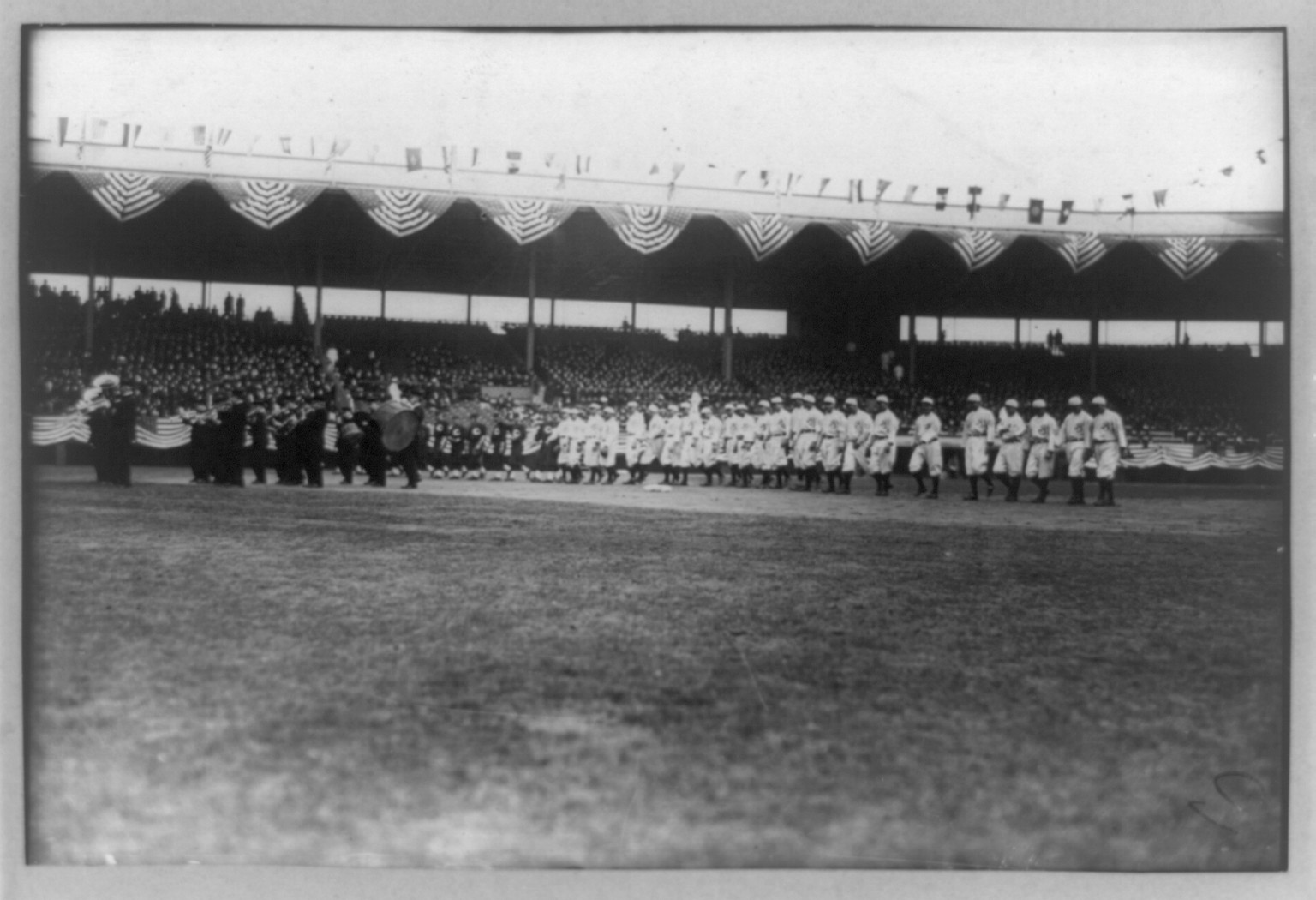 [Baseball, opening day showing Brooklyn team and band on stadium field], [between 1908 and 1925] — historic photograph