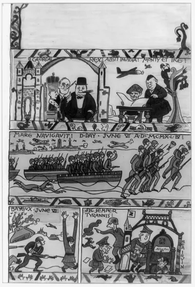 [Cartoon showing D-Day invasion of France by British troops in a parody of the Bayeux Tapestry] / Rea Irvin.