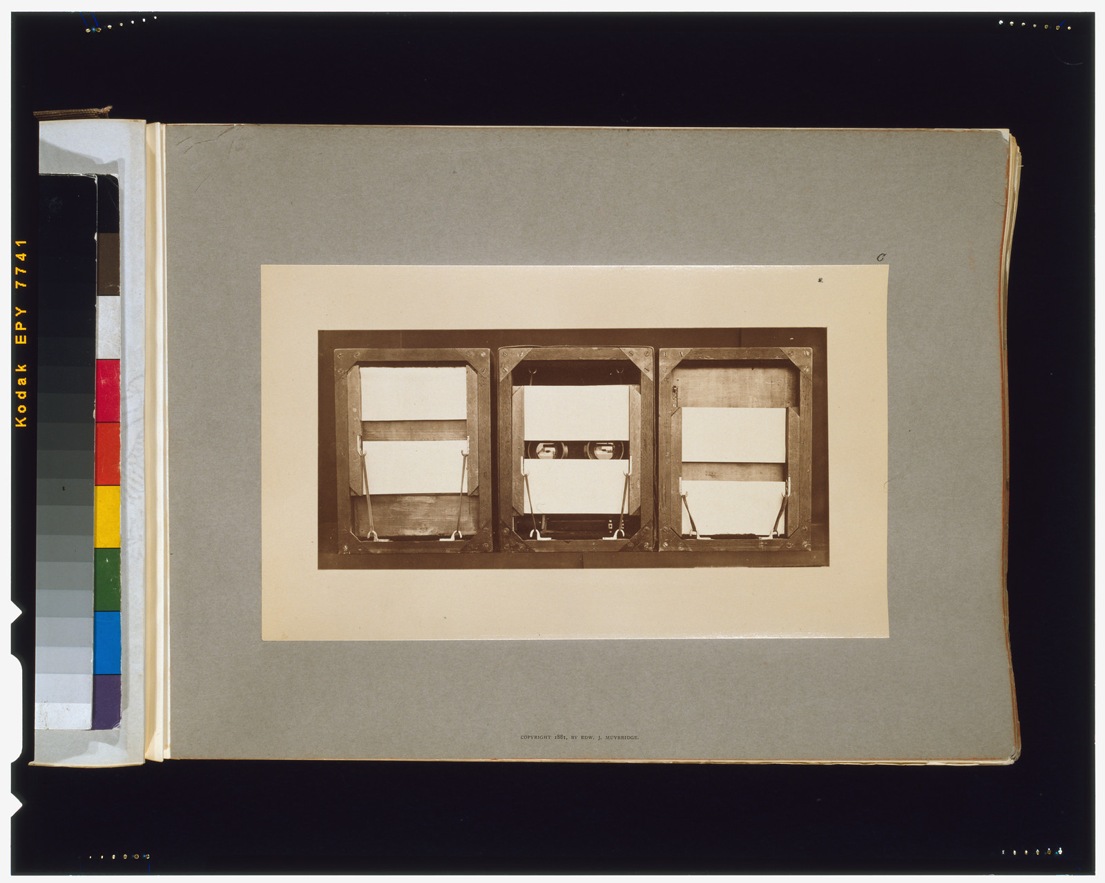 Front of electro-shutters, with positions of panels before, during, and after exposure, [San Francisco] : Muybridge, c1881. — historic photograph