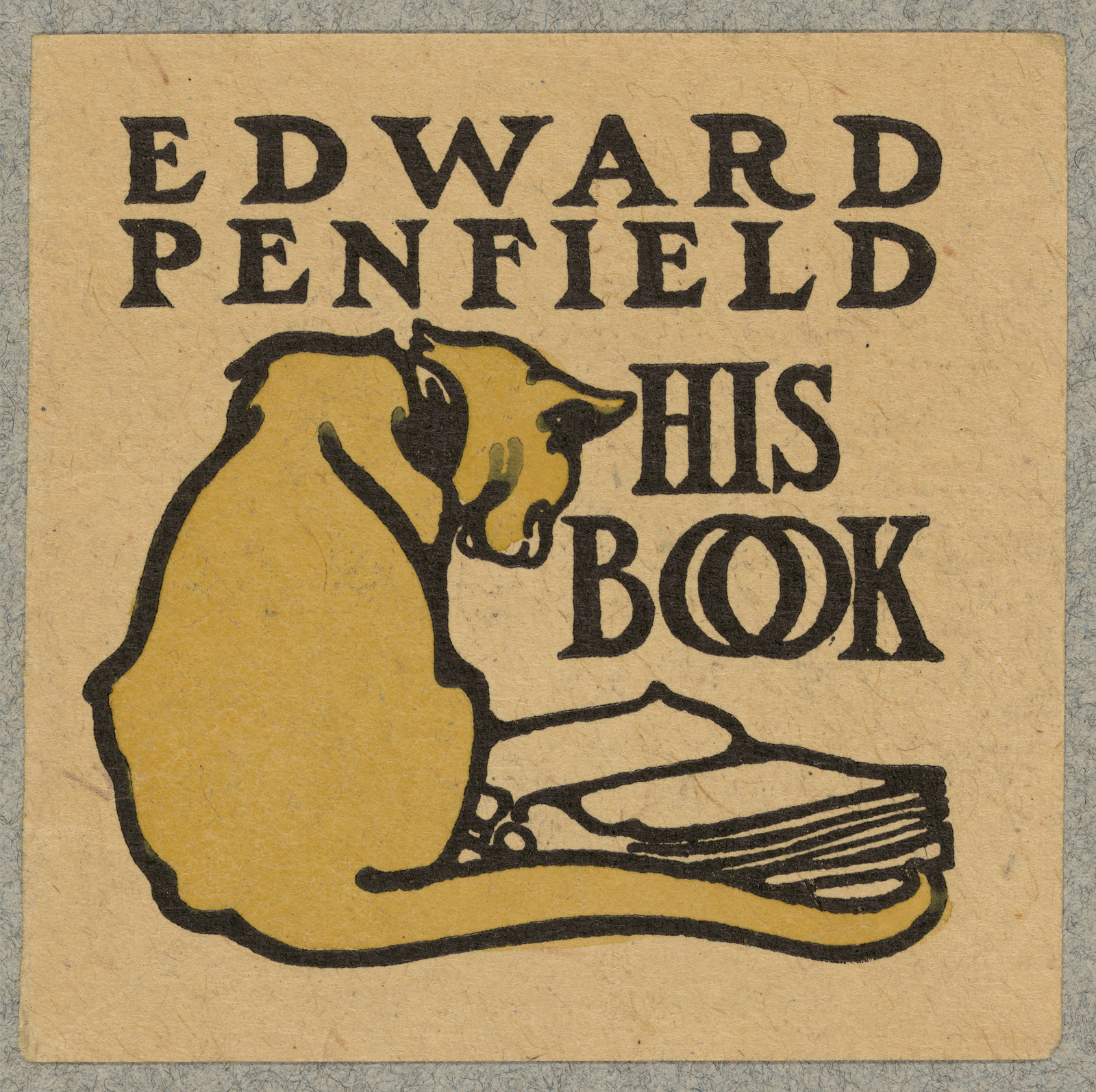 Edward Penfield His Book bookplate with a cat and books — historic image