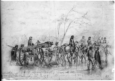 The pursuit of Gen. Lee's rebel army. The heavy guns - 30 pounders - going to the front during a rain storm / E.F.