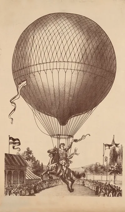 Lithograph of a balloon above a rider on a rearing horse