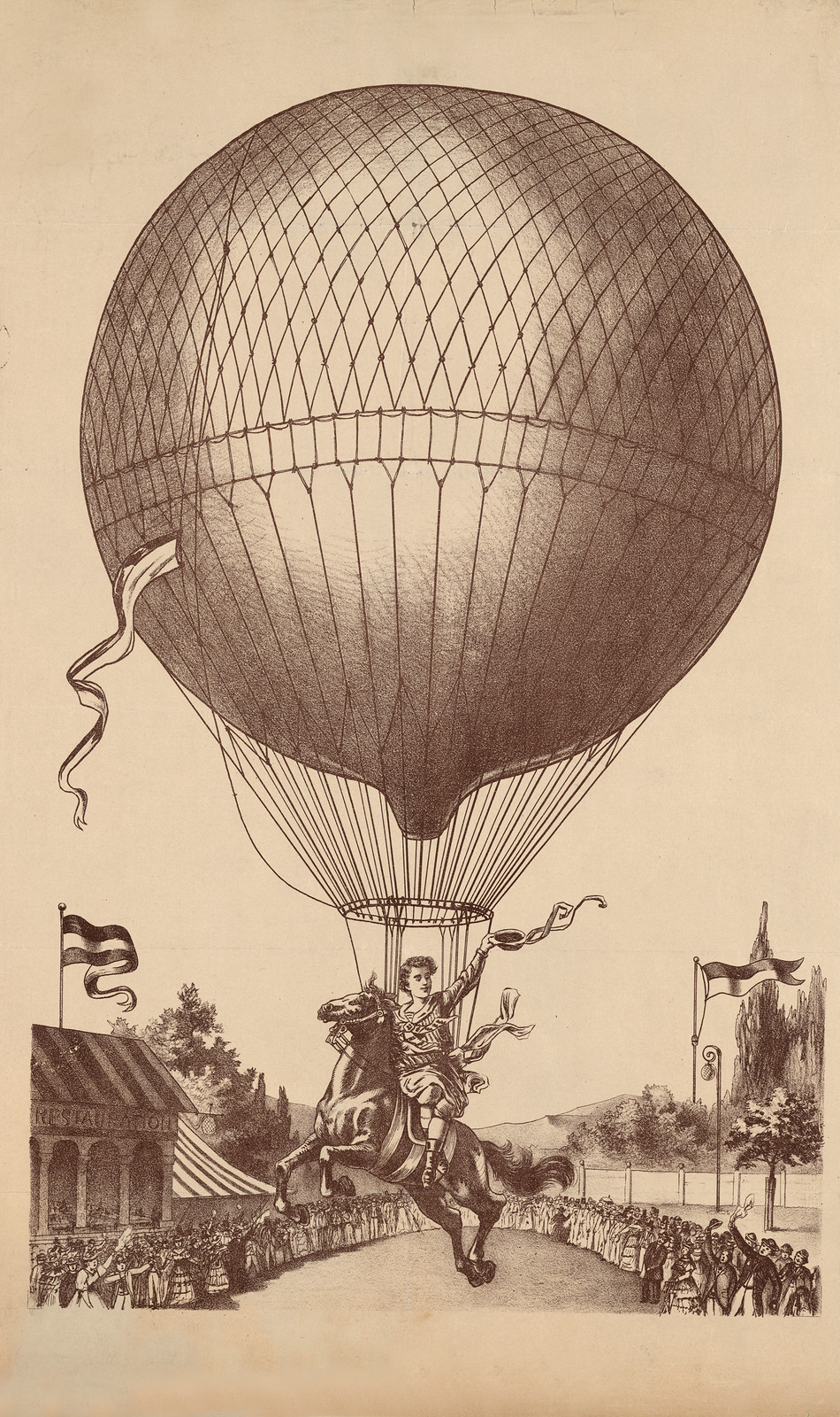 Lithograph of a balloon above a rider on a rearing horse — antique lithograph