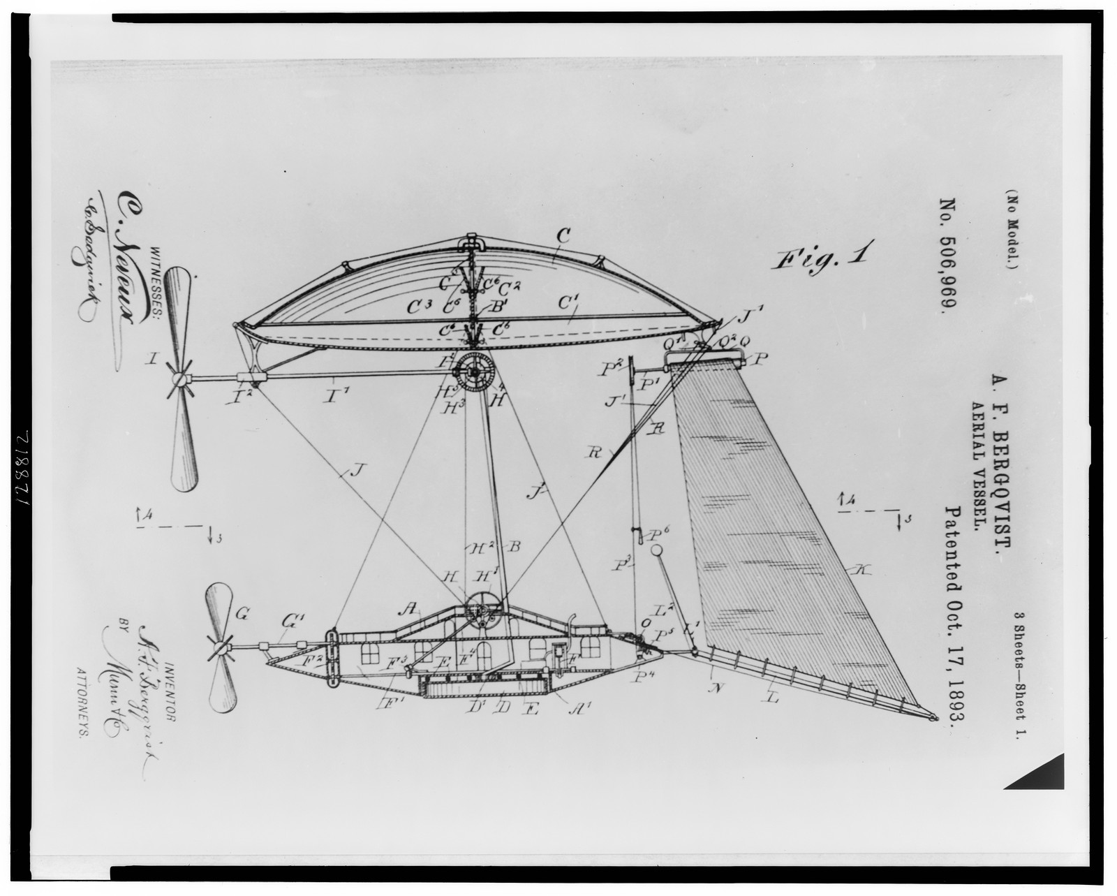 A.F. Bergqvist - aerial vessel Patented Oct. 17, 1893., [between 1890 and 1900] — historic photograph