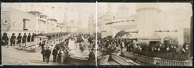 Crowds and fountain at Luna Park, panoramic photograph