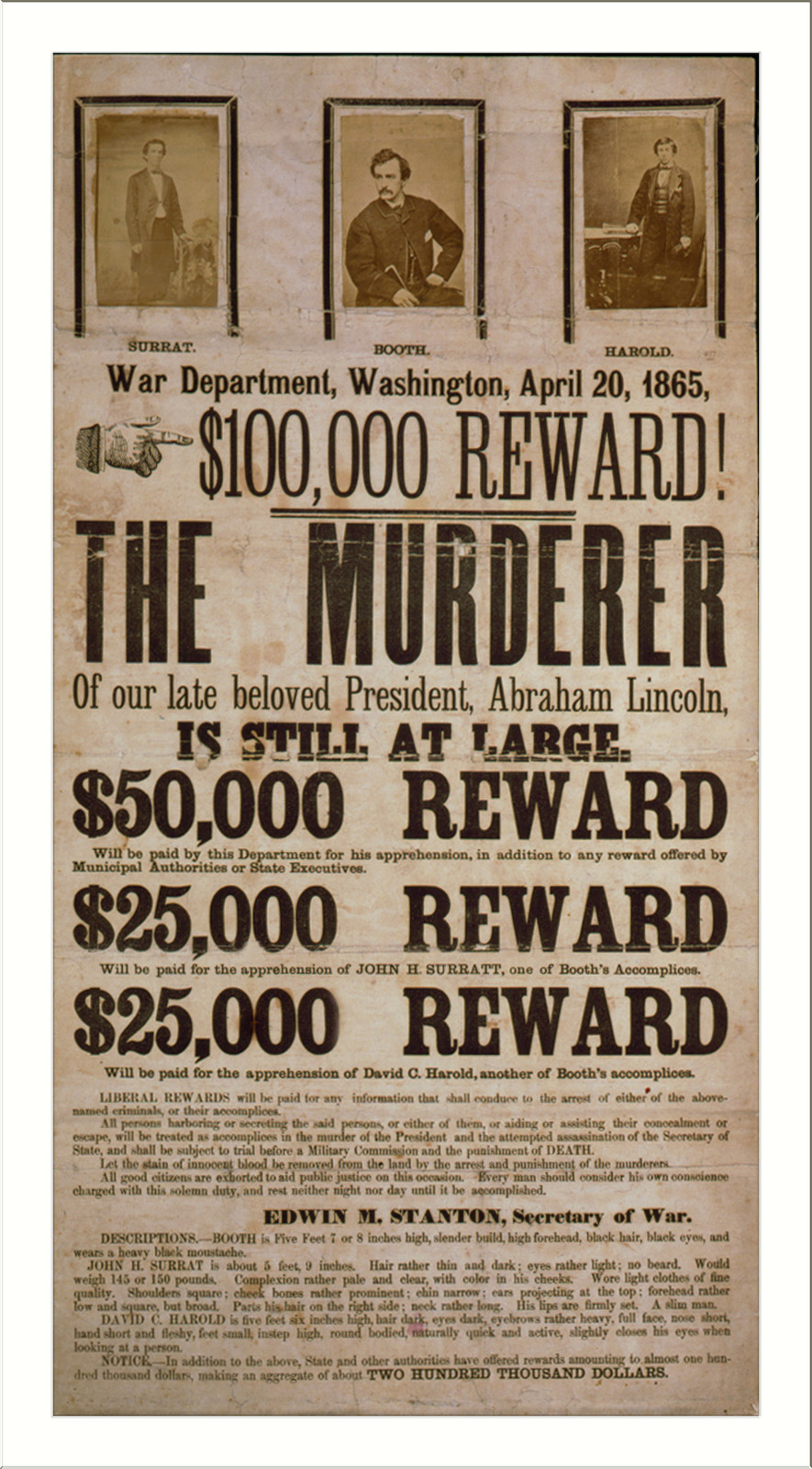 $100,000 Reward: The Murderer of Abraham Lincoln Is Still at Large — historic image