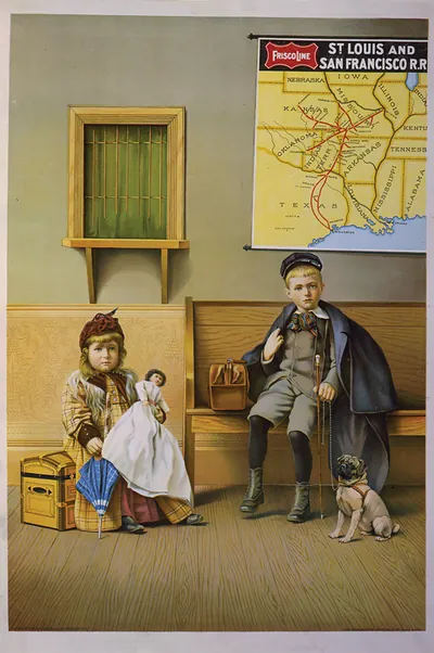 Frisco Line advertisement: children waiting in station beneath railroad map