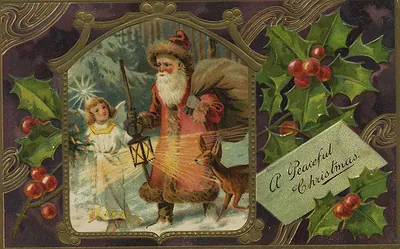 A Peaceful Christmas postcard with Santa, an angel and a deer