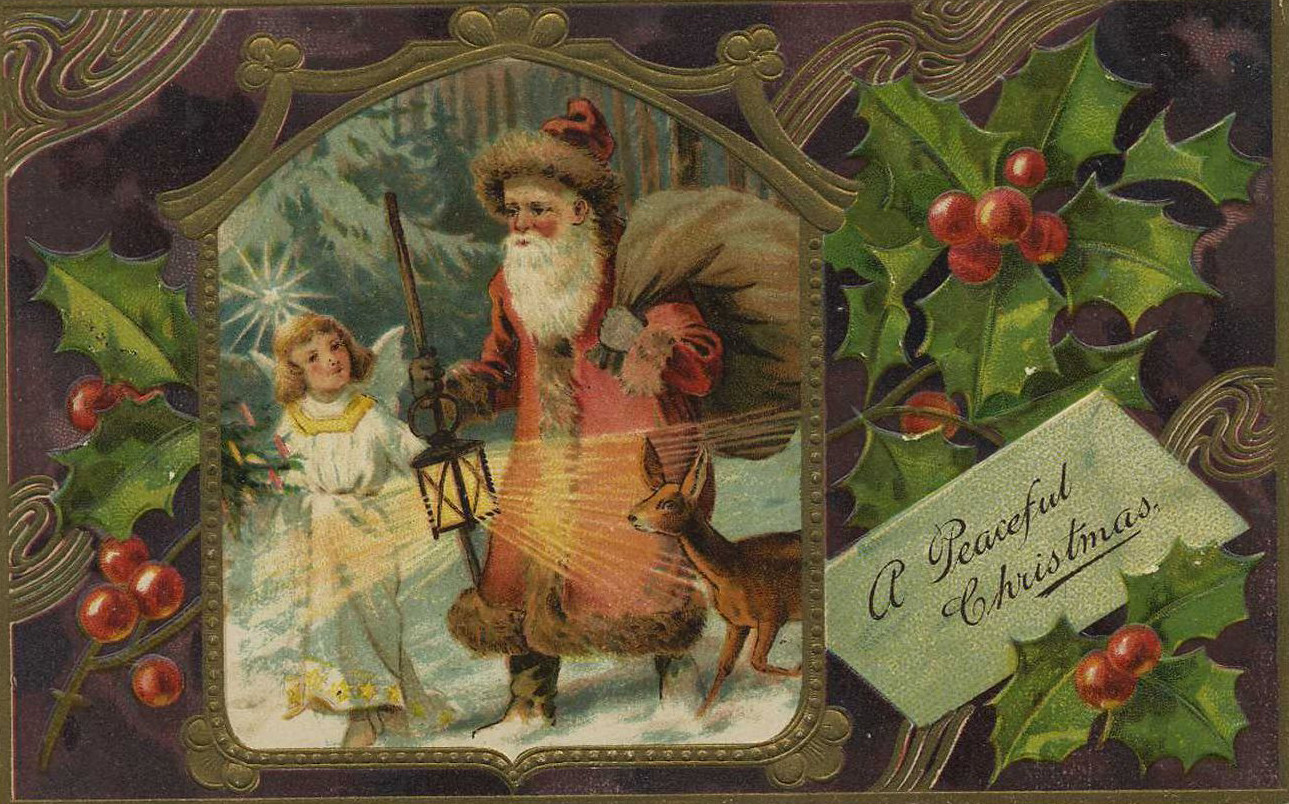 A Peaceful Christmas postcard with Santa, an angel and a deer — vintage postcard