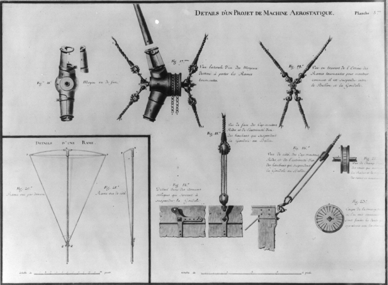 Details d'un Projet de Machine Aerostatique [Capture balloon]: hooks and fastenings, [no date recorded on caption card] — antique engraving