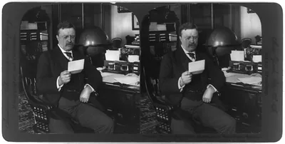 President Theodore Roosevelt at his desk in the White House, Washington, D.C.