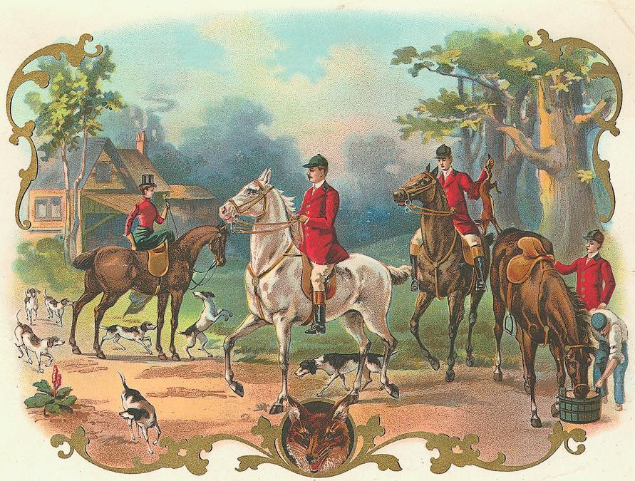 Hunting party with red-coated riders, hounds and fox medallion — historic image