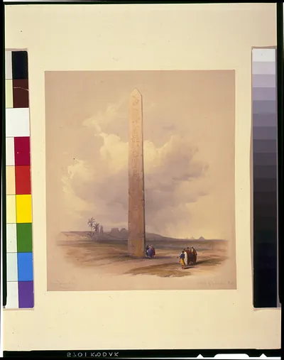 Hand-colored lithograph of an Egyptian obelisk with figures