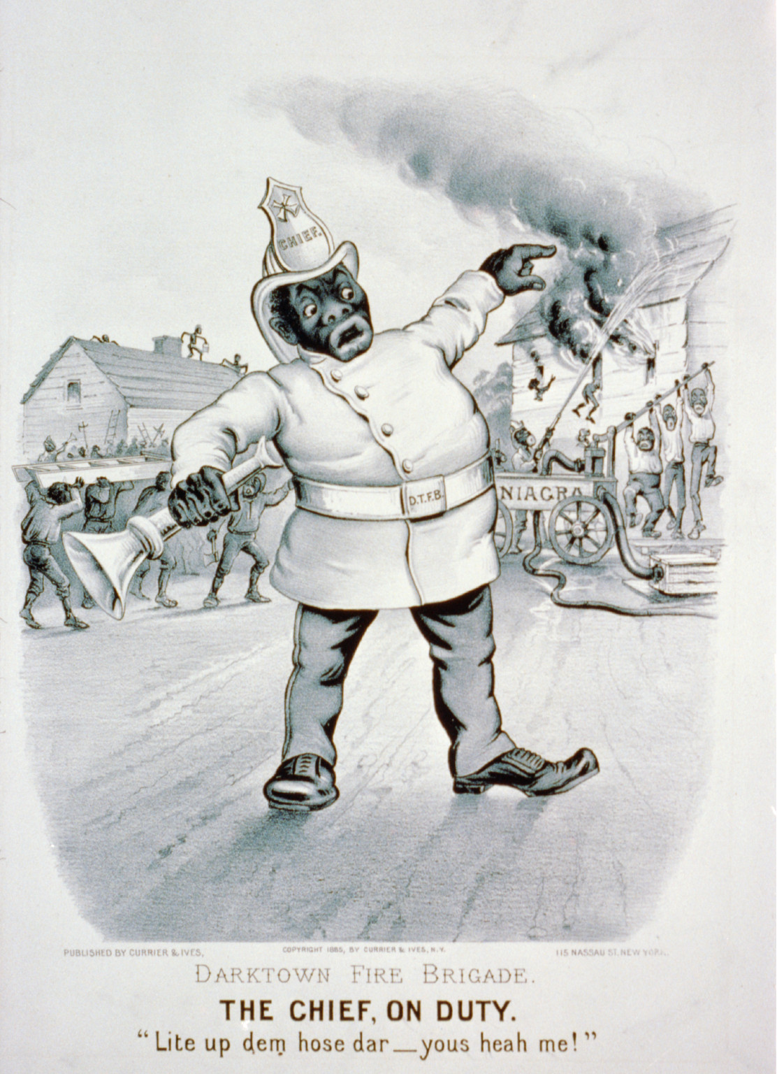 Darktown fire brigade. The chief, on duty: Lite up dem hose dar-yous heah me!"", [New York] : Currier & Ives, 1885. — antique lithograph