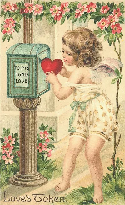 Cupid posting a heart in a mailbox, "Love's Token" Valentine card