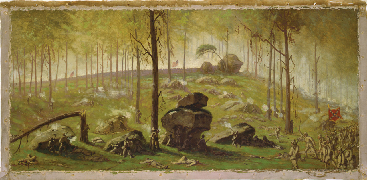 Attack of Johnston's Div., C.S.A. on the breastworks on Culps Hill defended by Wadsworth's Div., 1st Corps, and a part of the 12th Corps [under] General Slocum, half past seven P.M., July 2nd / Edwin Forbes., [between 1865 and 1895] — historic drawing