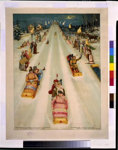 [Advertisement for Star toboggans, showing people sledding at night] / Phoenix Litho. Co., Chicago.