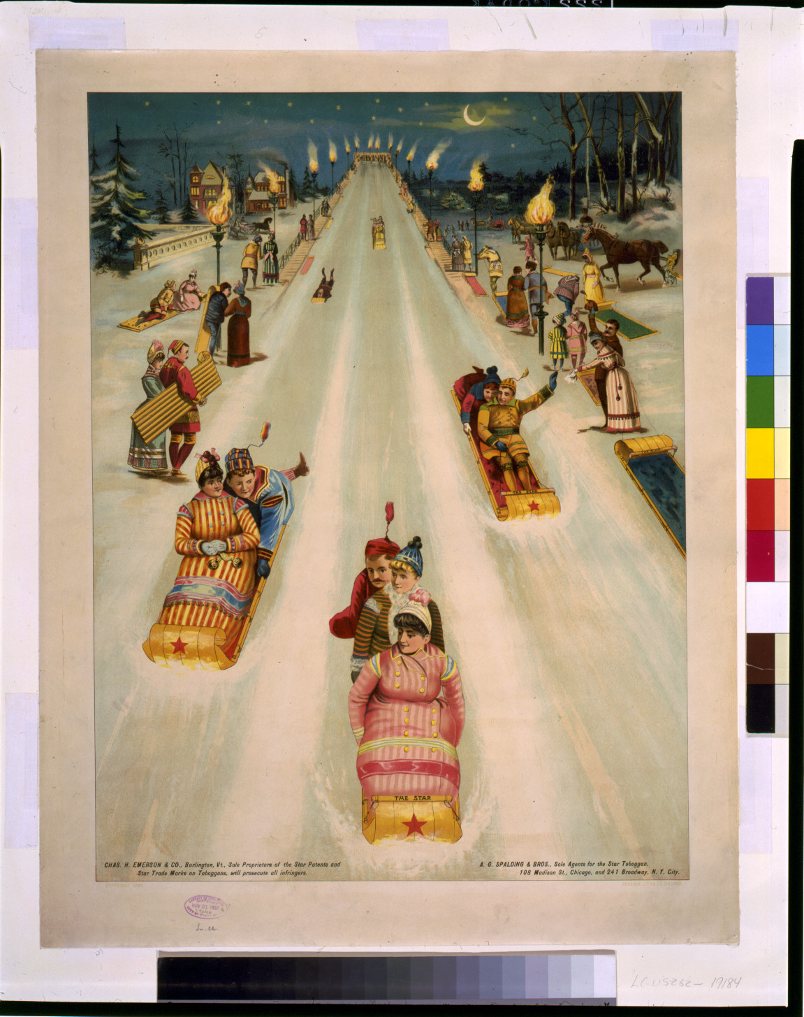 [Advertisement for Star toboggans, showing people sledding at night] / Phoenix Litho. Co., Chicago., c1887. — antique lithograph