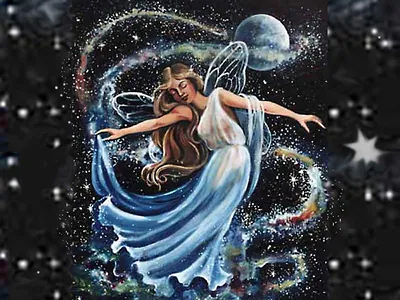 Winged fairy in a blue gown among swirling galaxy stars