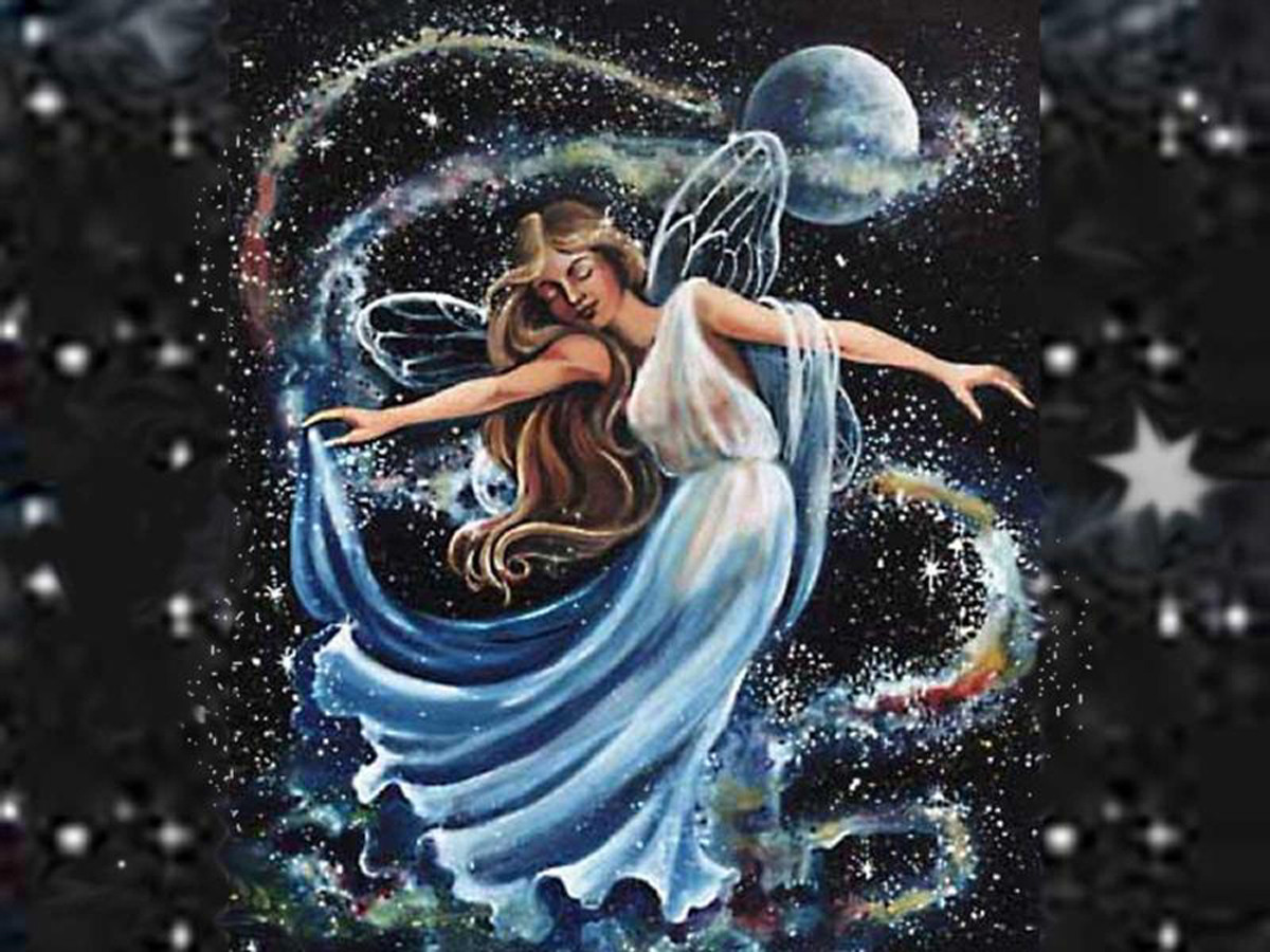 Winged fairy in a blue gown among swirling galaxy stars — historic image
